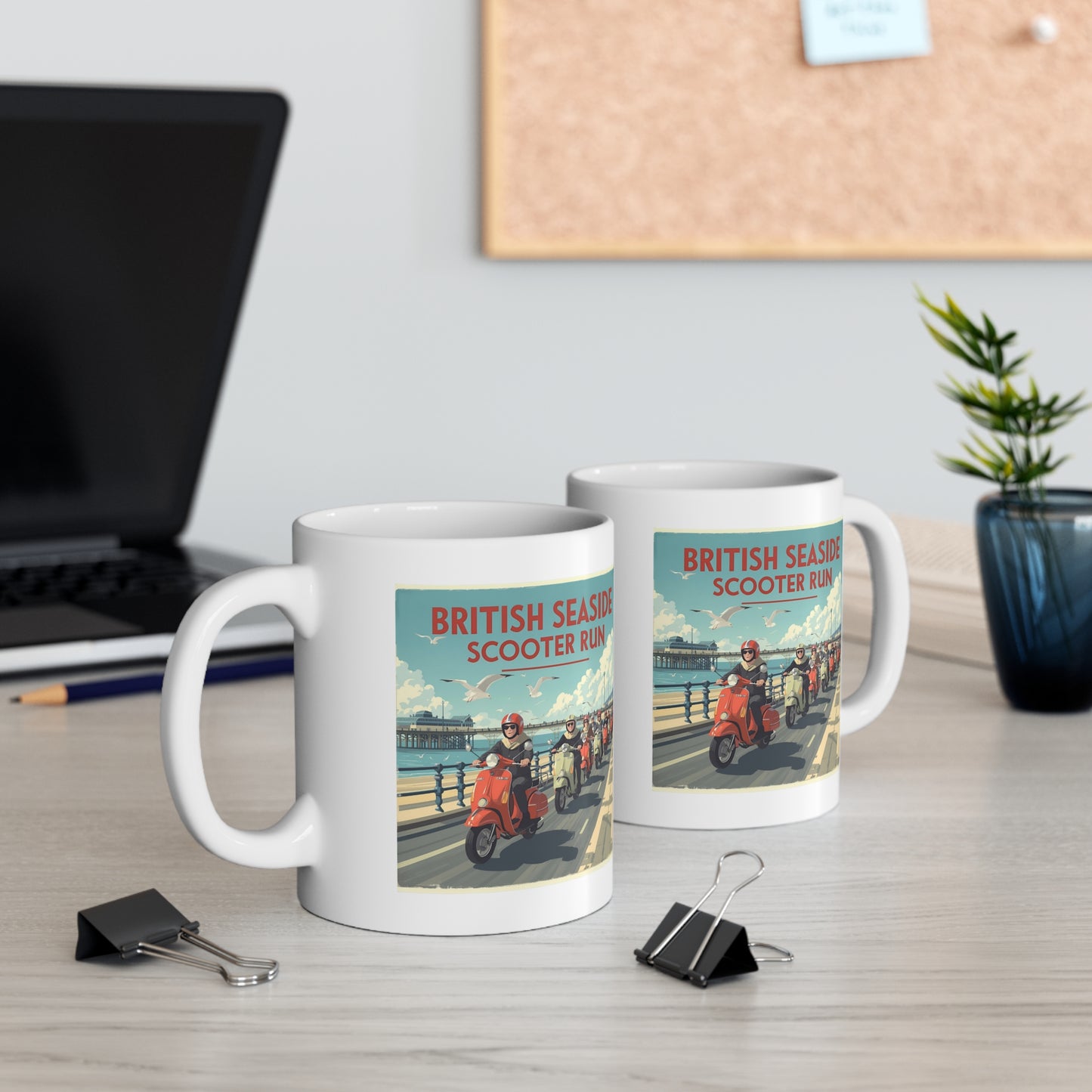 British Seaside Scooter Run Mug - Retro Coffee Cup, Gift for Scooter Lovers, Summer Vibe Beverage Holder, Vintage Style Drinkware