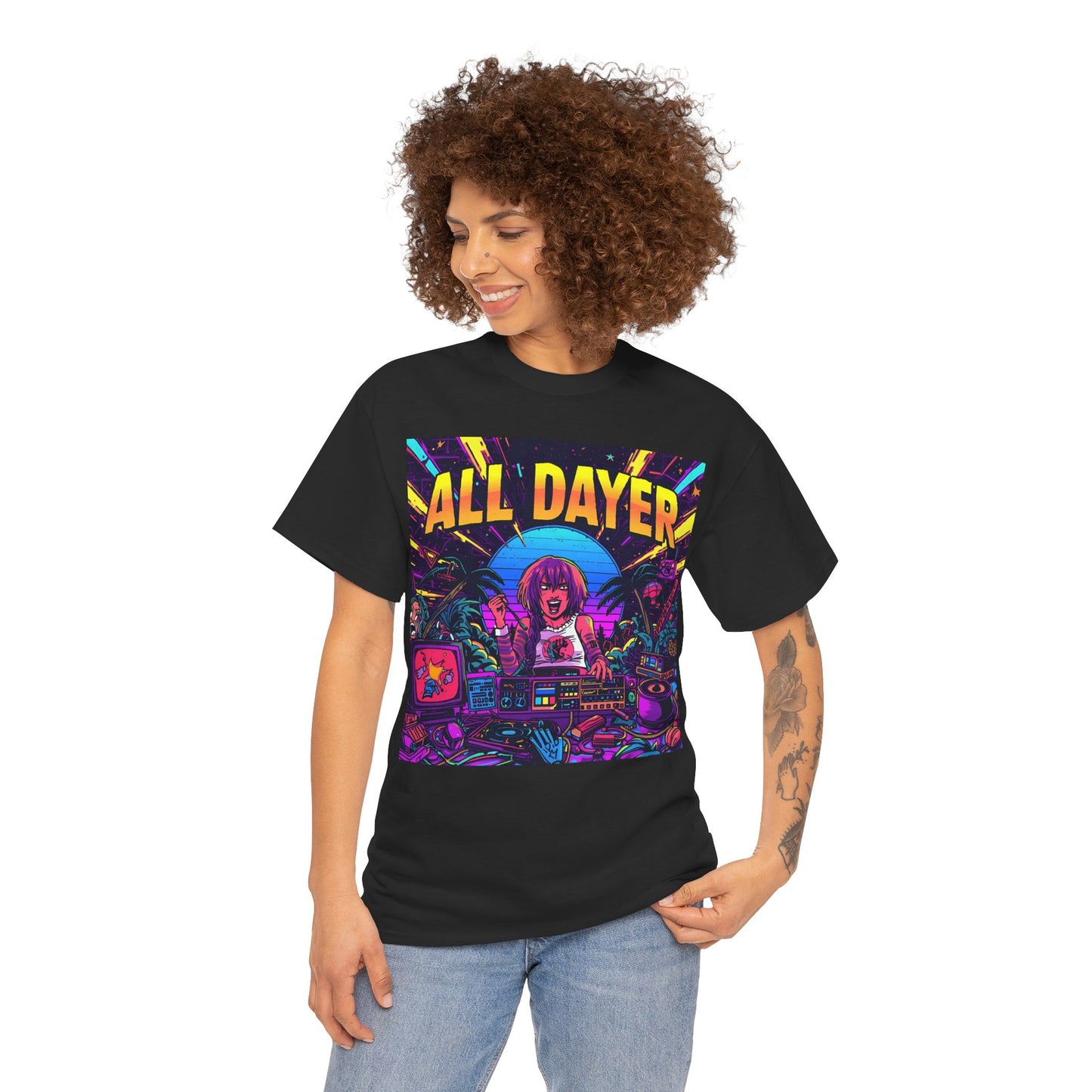 All Dayer Neon DJ Rave T-Shirt – Retro Party Graphic Tee (Gildan 5000)