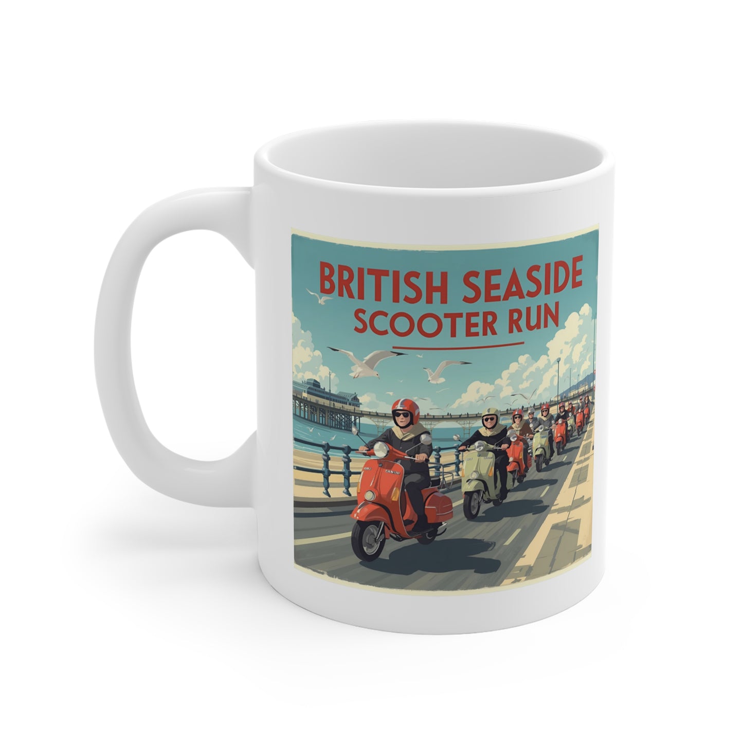British Seaside Scooter Run Mug - Retro Coffee Cup, Gift for Scooter Lovers, Summer Vibe Beverage Holder, Vintage Style Drinkware