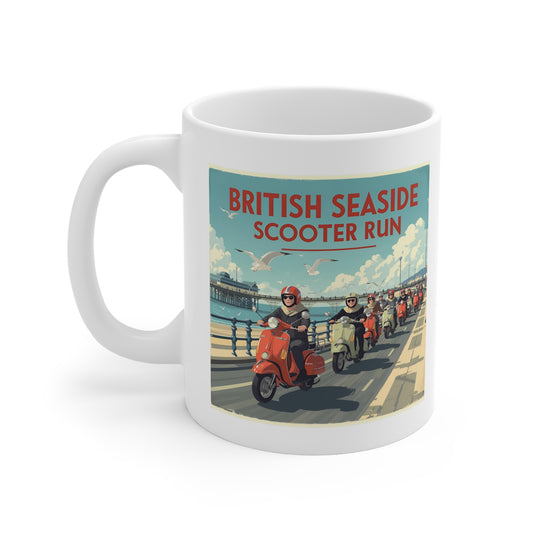 British Seaside Scooter Run Mug - Retro Coffee Cup, Gift for Scooter Lovers, Summer Vibe Beverage Holder, Vintage Style Drinkware