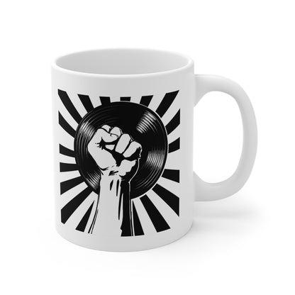 Empowerment Mug, Music Lover Gift, Vinyl Record Mug, Coffee Cup with Fist Design, Black and White Artwork