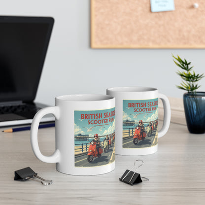 British Seaside Scooter Run Mug - Retro Coffee Cup, Gift for Scooter Lovers, Summer Vibe Beverage Holder, Vintage Style Drinkware