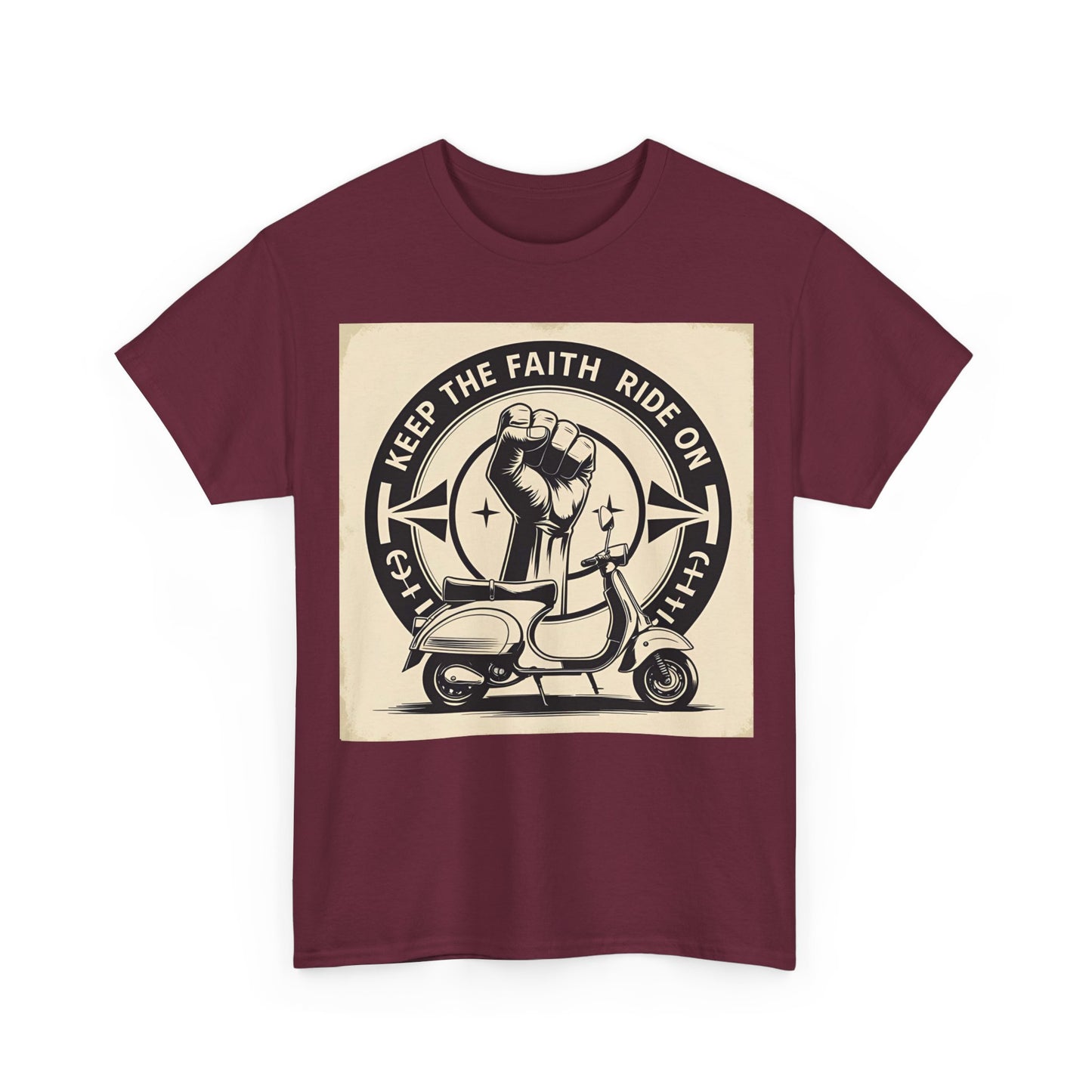 Vintage-Inspired Unisex Heavy Cotton Tee | "Keep the Faith, Ride On" Graphic, Casual Wear, Gifts for Riders, Retro Tee, Motorcycle Apparel