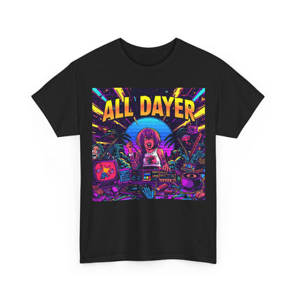 All Dayer Neon DJ Rave T-Shirt – Retro Party Graphic Tee (Gildan 5000)