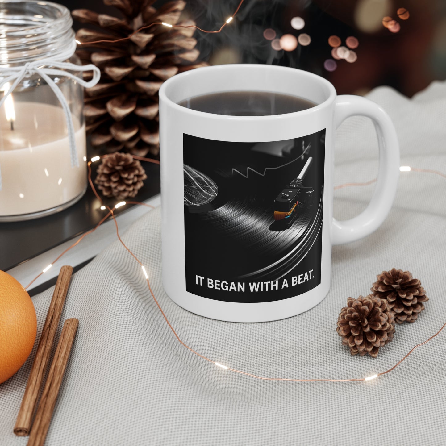 Music Lover's 11oz White Mug - Perfect for Coffee, Tea, Gifts, Home Decor, & Collectibles - 'It Began with a Beat'