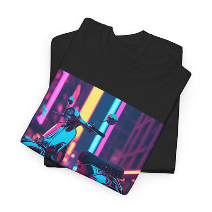 Futuristic Scooter T-Shirt – Neon Urban Scene – Black