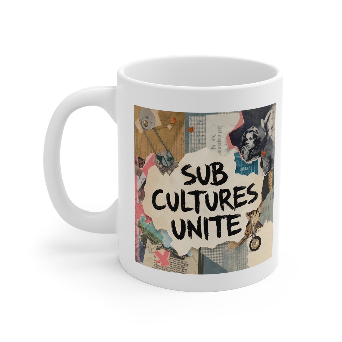 Subcultures Unite Mug, 11oz White Coffee Cup, Unique Gift for Creatives, Artistic Drinkware, Hipster Decor, Friends Gathering