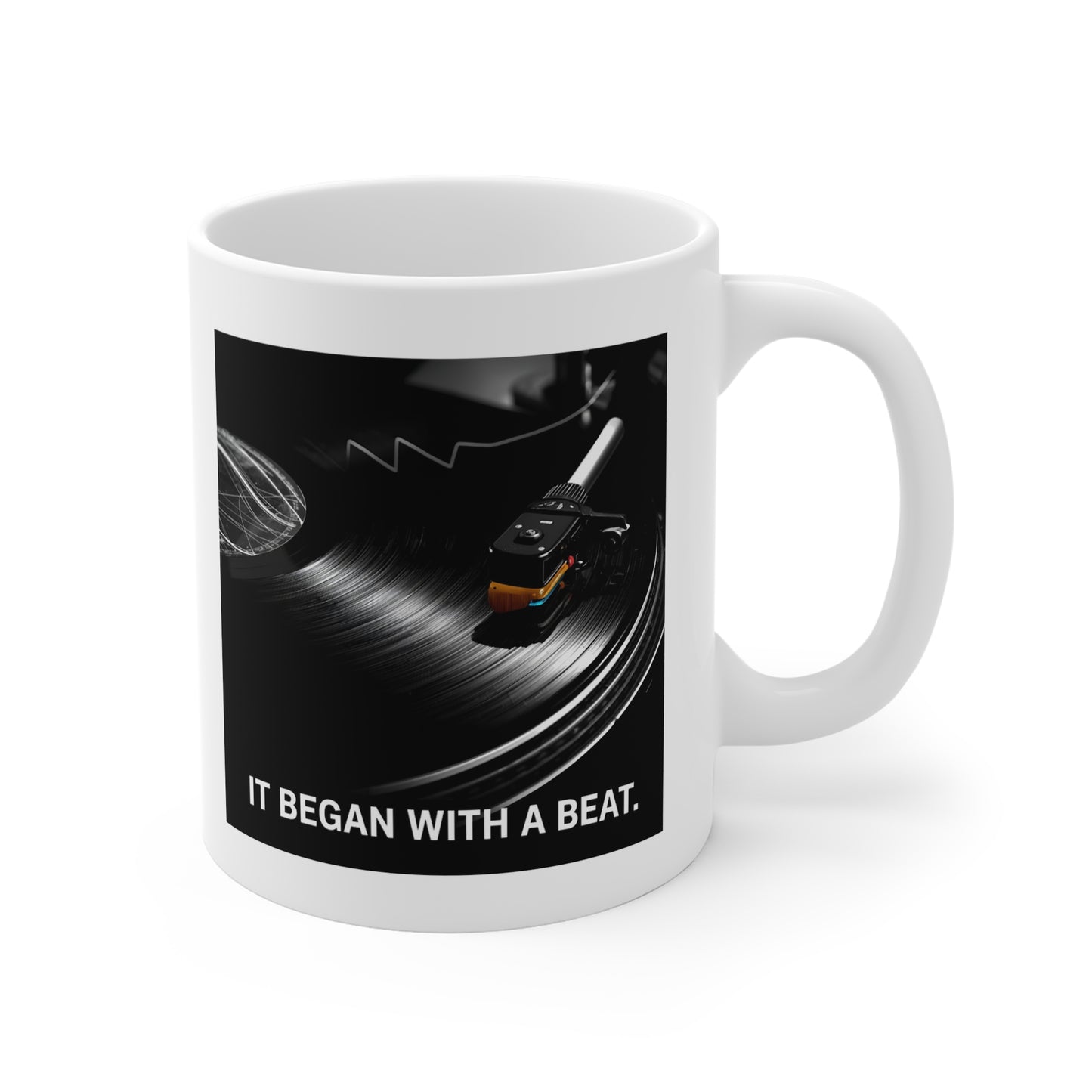 Music Lover's 11oz White Mug - Perfect for Coffee, Tea, Gifts, Home Decor, & Collectibles - 'It Began with a Beat'