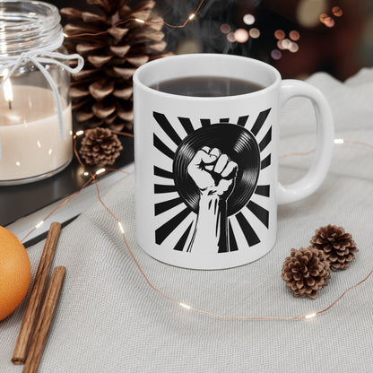 Empowerment Mug, Music Lover Gift, Vinyl Record Mug, Coffee Cup with Fist Design, Black and White Artwork
