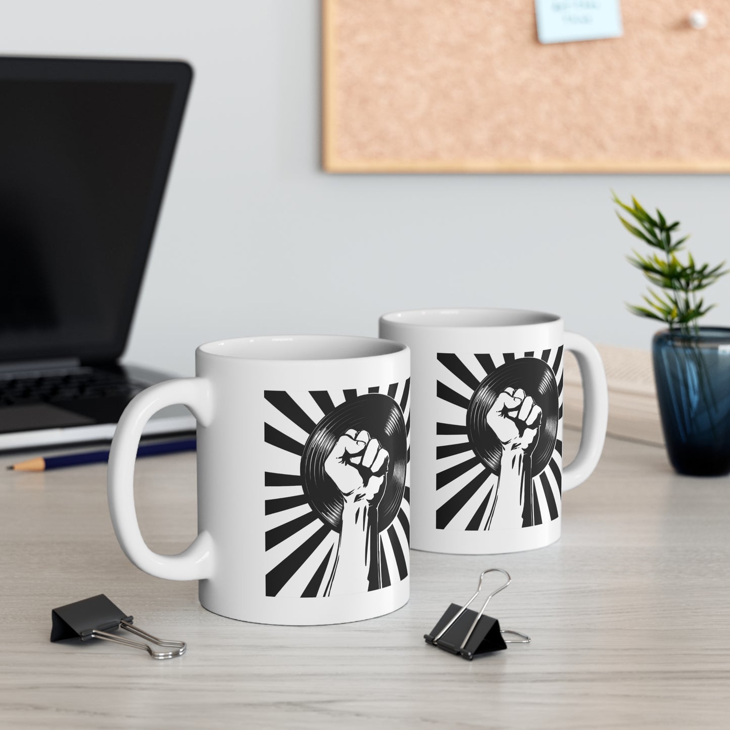 Empowerment Mug, Music Lover Gift, Vinyl Record Mug, Coffee Cup with Fist Design, Black and White Artwork