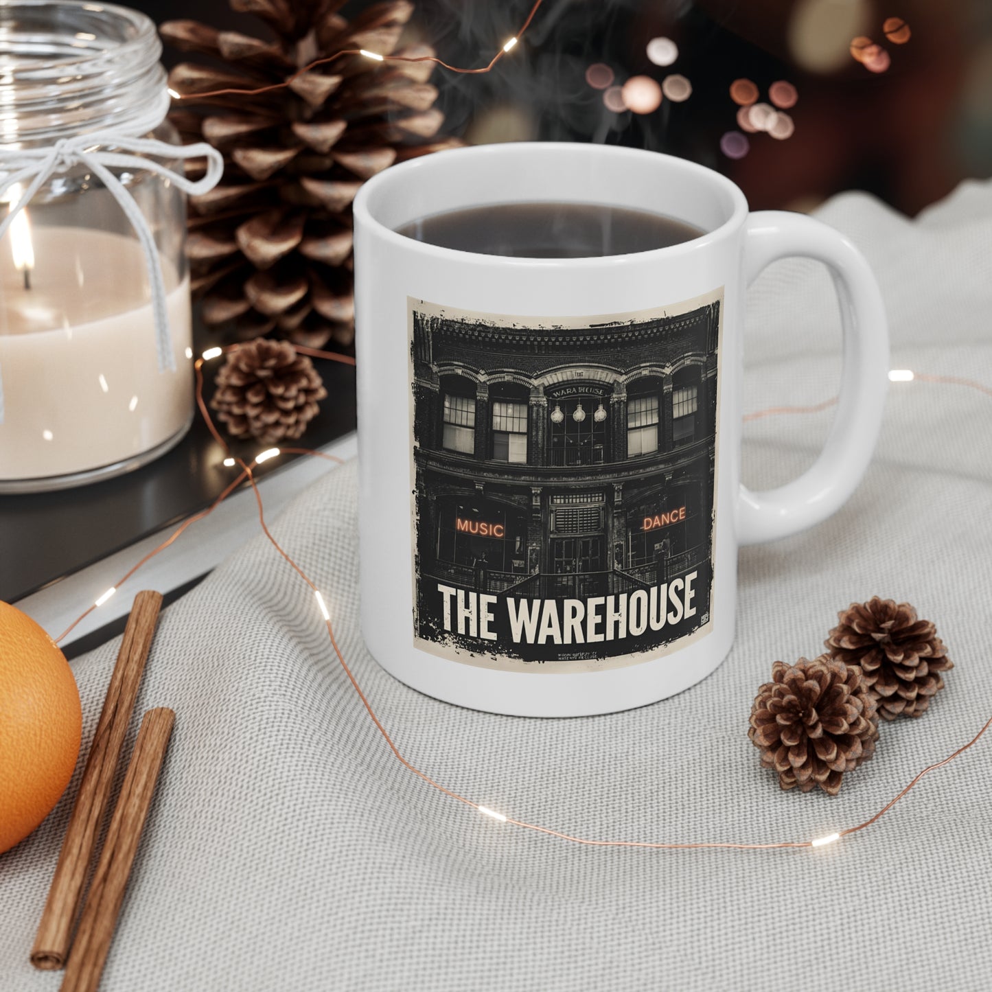 Vintage Music Cafe Mug, The Warehouse Coffee Cup, Gift for Music Lovers, Retro Style Drinkware, Unique Vintage Mug