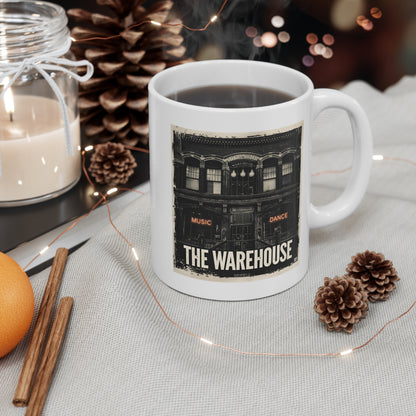 Vintage Music Cafe Mug, The Warehouse Coffee Cup, Gift for Music Lovers, Retro Style Drinkware, Unique Vintage Mug