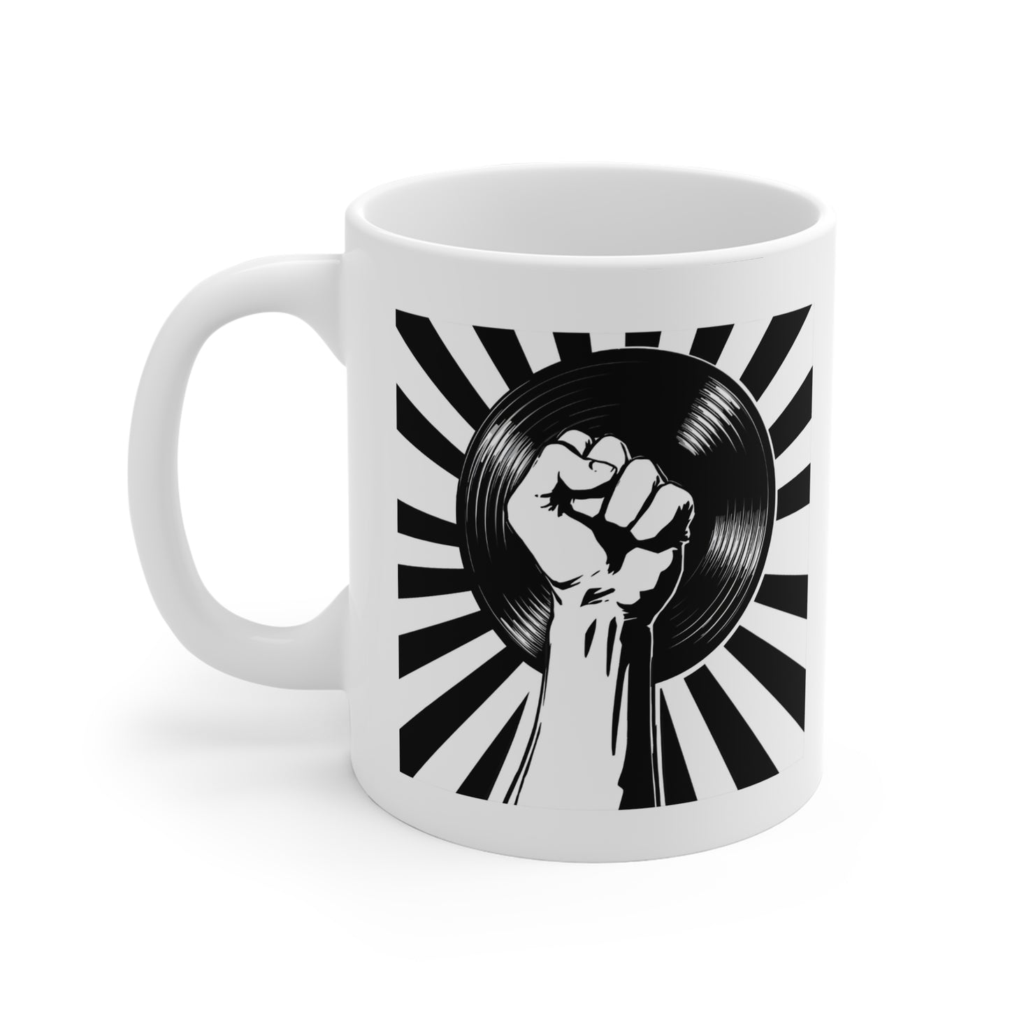 Empowerment Mug, Music Lover Gift, Vinyl Record Mug, Coffee Cup with Fist Design, Black and White Artwork