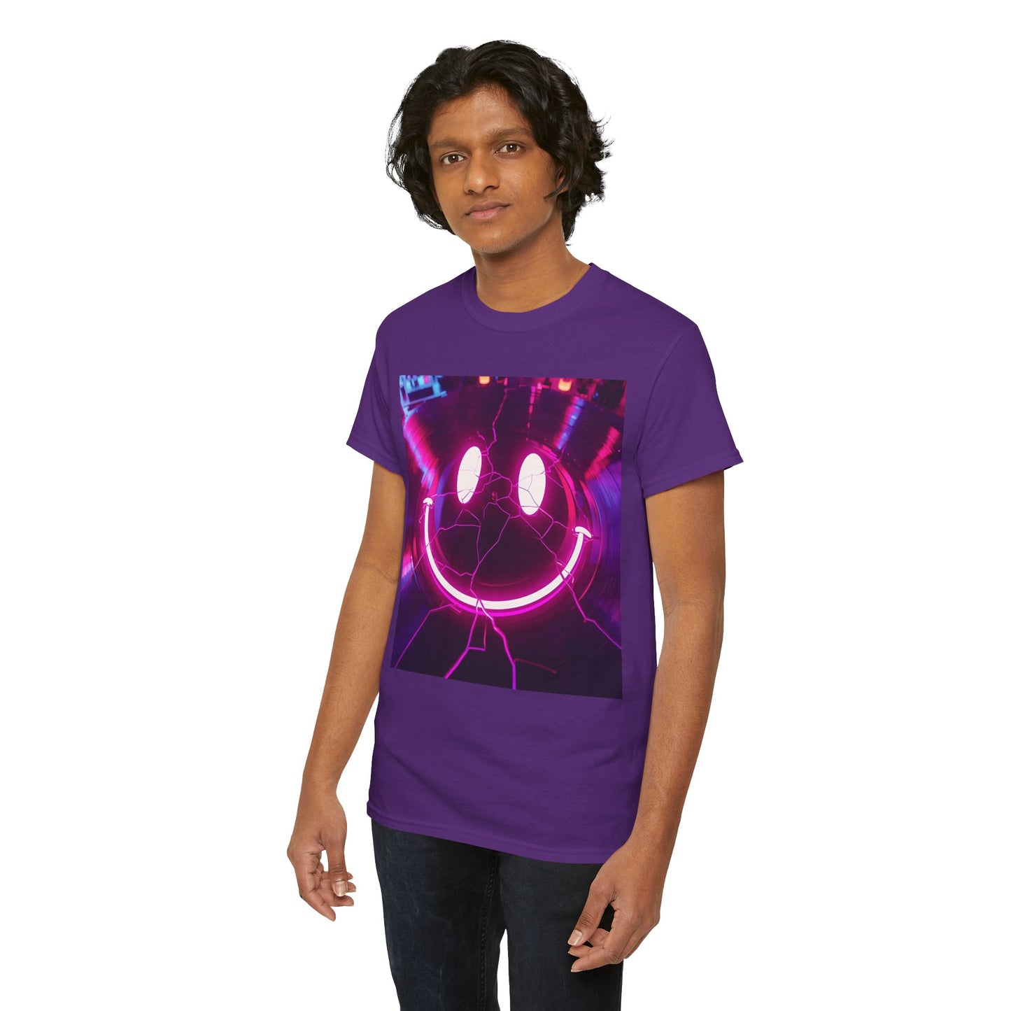 Neon Smiley Rave T-Shirt – Cracked Vinyl Acid House Tee (Gildan 5000)