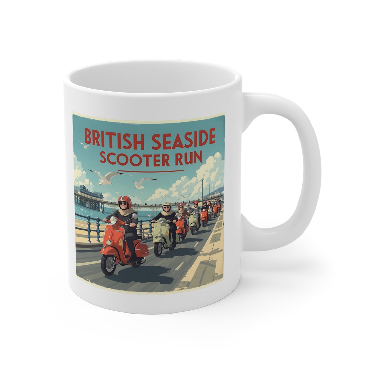 British Seaside Scooter Run Mug - Retro Coffee Cup, Gift for Scooter Lovers, Summer Vibe Beverage Holder, Vintage Style Drinkware