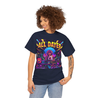 All Dayer Neon DJ Rave T-Shirt – Retro Party Graphic Tee (Gildan 5000)