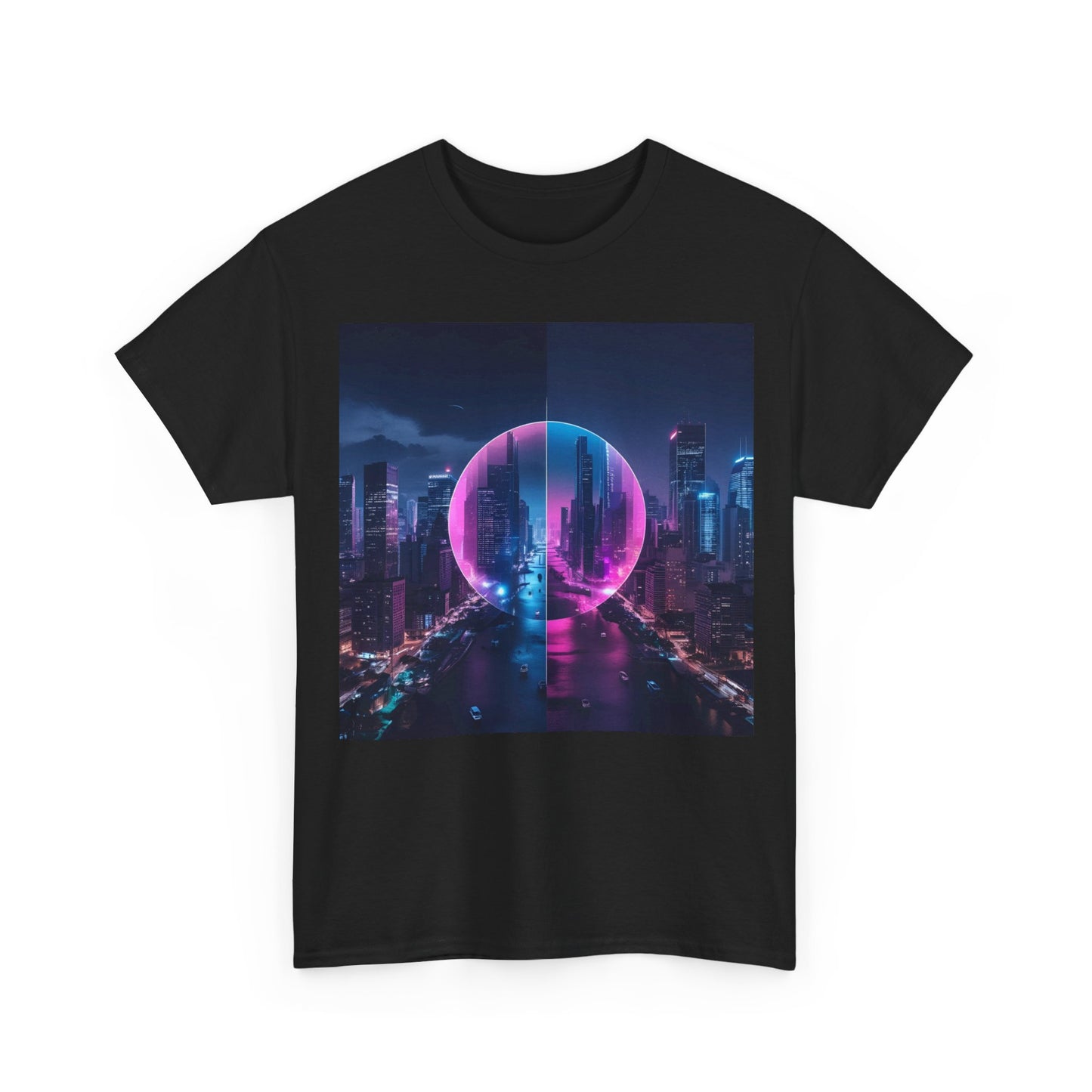 Cyberpunk Cityscape T-Shirt – Neon Urban Wear – Black