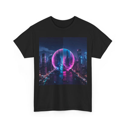 Cyberpunk Cityscape T-Shirt – Neon Urban Wear – Black