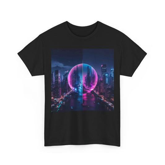 Cyberpunk Cityscape T-Shirt – Neon Urban Wear – Black