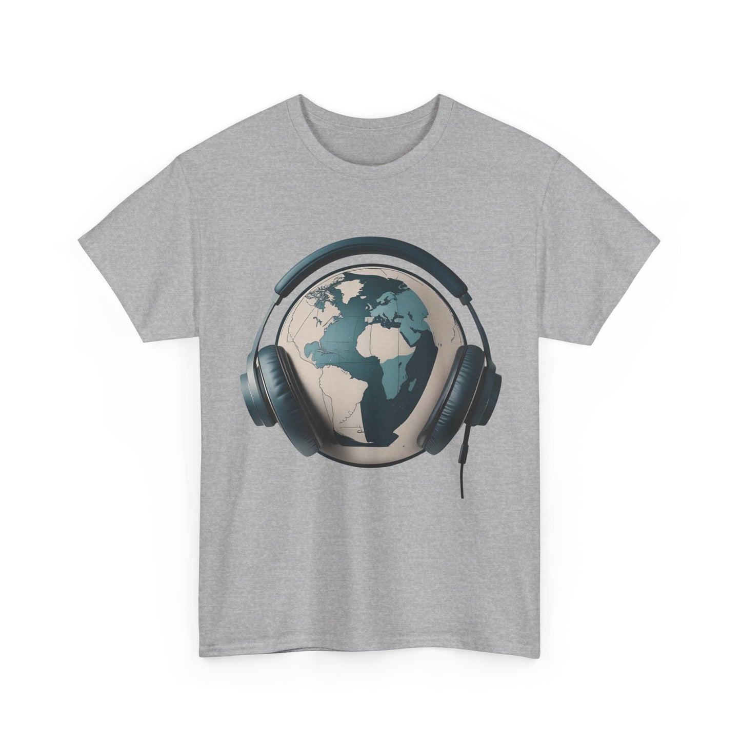 World Music T-Shirt – Vintage Globe & Headphones – Sports Grey