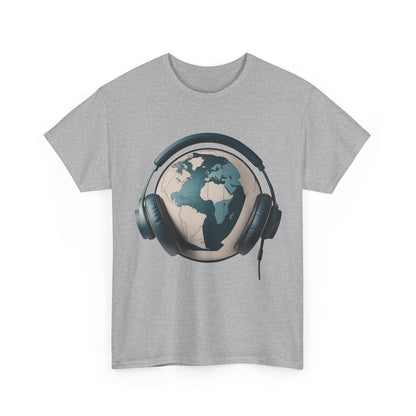 World Music T-Shirt – Vintage Globe & Headphones – Sports Grey