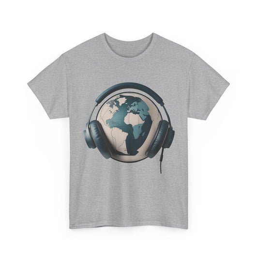 World Music T-Shirt – Vintage Globe & Headphones – Sports Grey