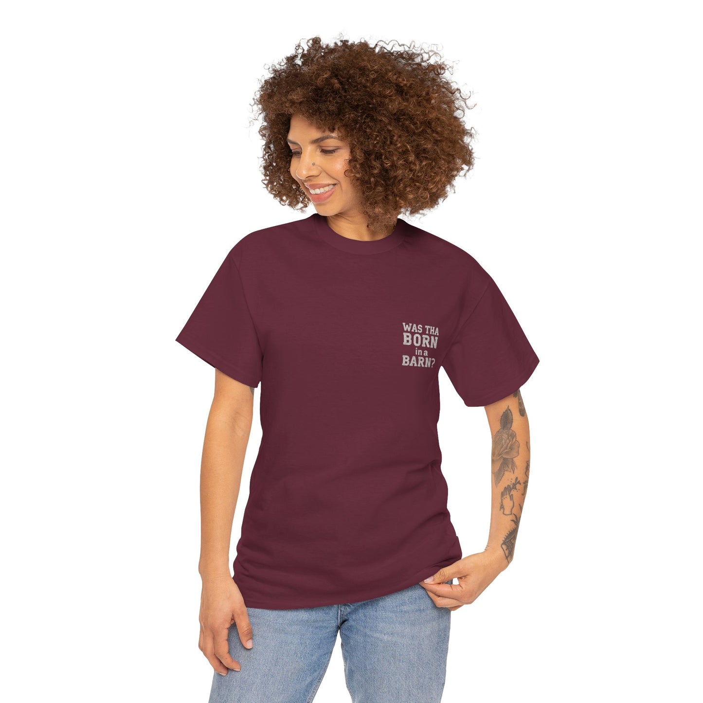Was tha born in a barn? T-Shirt | Simply Yorkshire Collection | Funny "Shut The Door" Tee