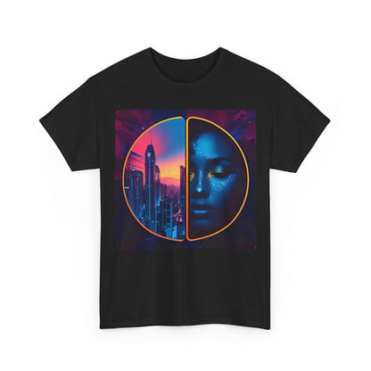 Urban Cosmic T-Shirt – Surreal City & Celestial Figure – Black