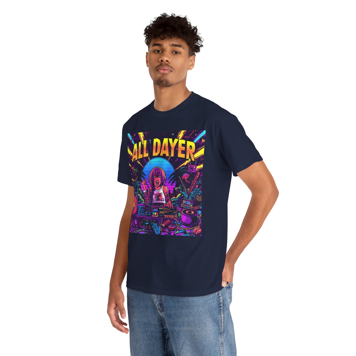 All Dayer Neon DJ Rave T-Shirt – Retro Party Graphic Tee (Gildan 5000)