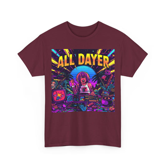 All Dayer Neon DJ Rave T-Shirt – Retro Party Graphic Tee (Gildan 5000)