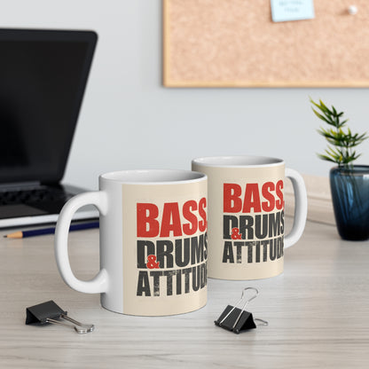Music Lover's Mug - Bass, Drums & Attitude, Gift for Musicians, Coffee Cup, Band Merchandise, Drumming Gift, Musician Appreciation