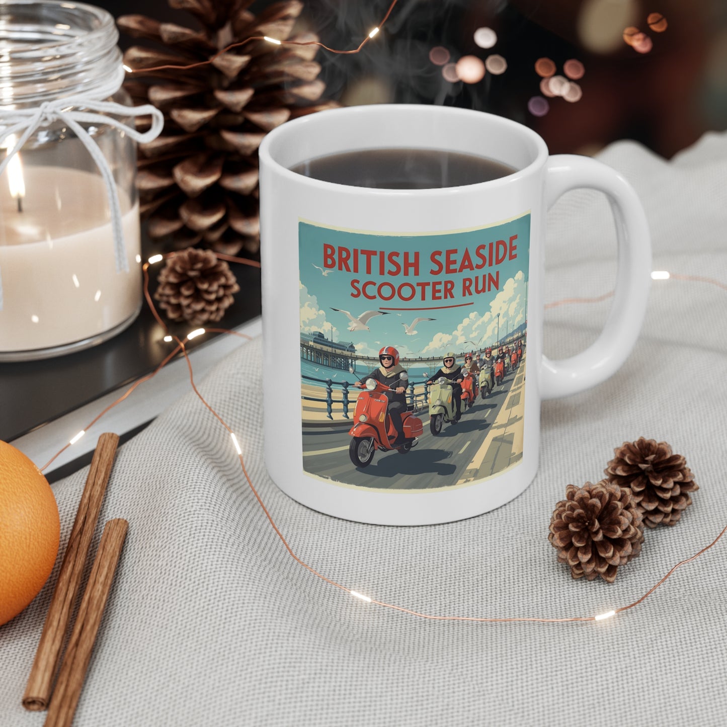British Seaside Scooter Run Mug - Retro Coffee Cup, Gift for Scooter Lovers, Summer Vibe Beverage Holder, Vintage Style Drinkware
