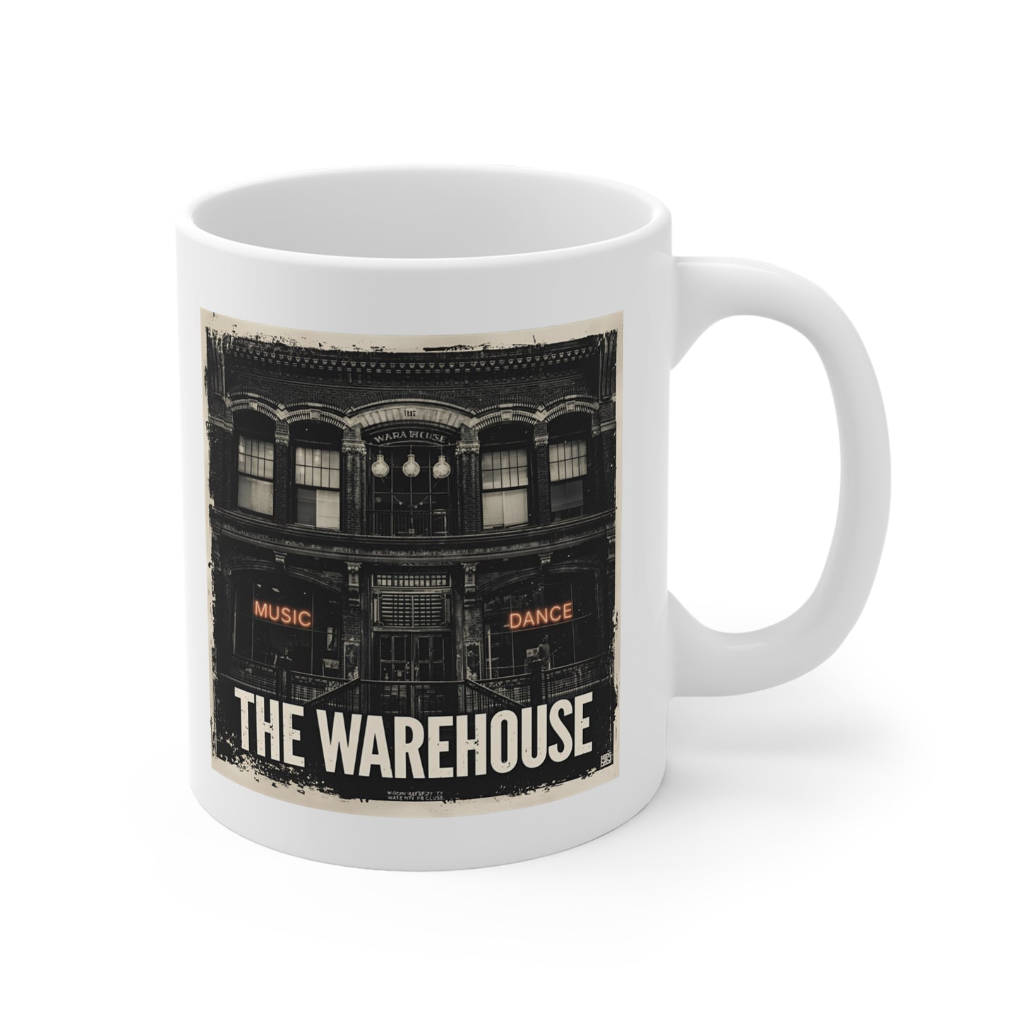 Vintage Music Cafe Mug, The Warehouse Coffee Cup, Gift for Music Lovers, Retro Style Drinkware, Unique Vintage Mug