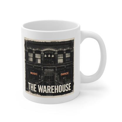 Vintage Music Cafe Mug, The Warehouse Coffee Cup, Gift for Music Lovers, Retro Style Drinkware, Unique Vintage Mug