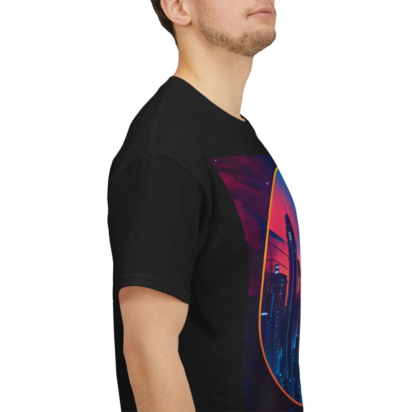 Urban Cosmic T-Shirt – Surreal City & Celestial Figure – Black