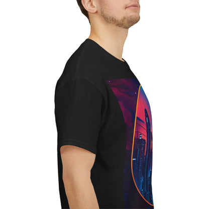 Urban Cosmic T-Shirt – Surreal City & Celestial Figure – Black