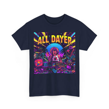 All Dayer Neon DJ Rave T-Shirt – Retro Party Graphic Tee (Gildan 5000)