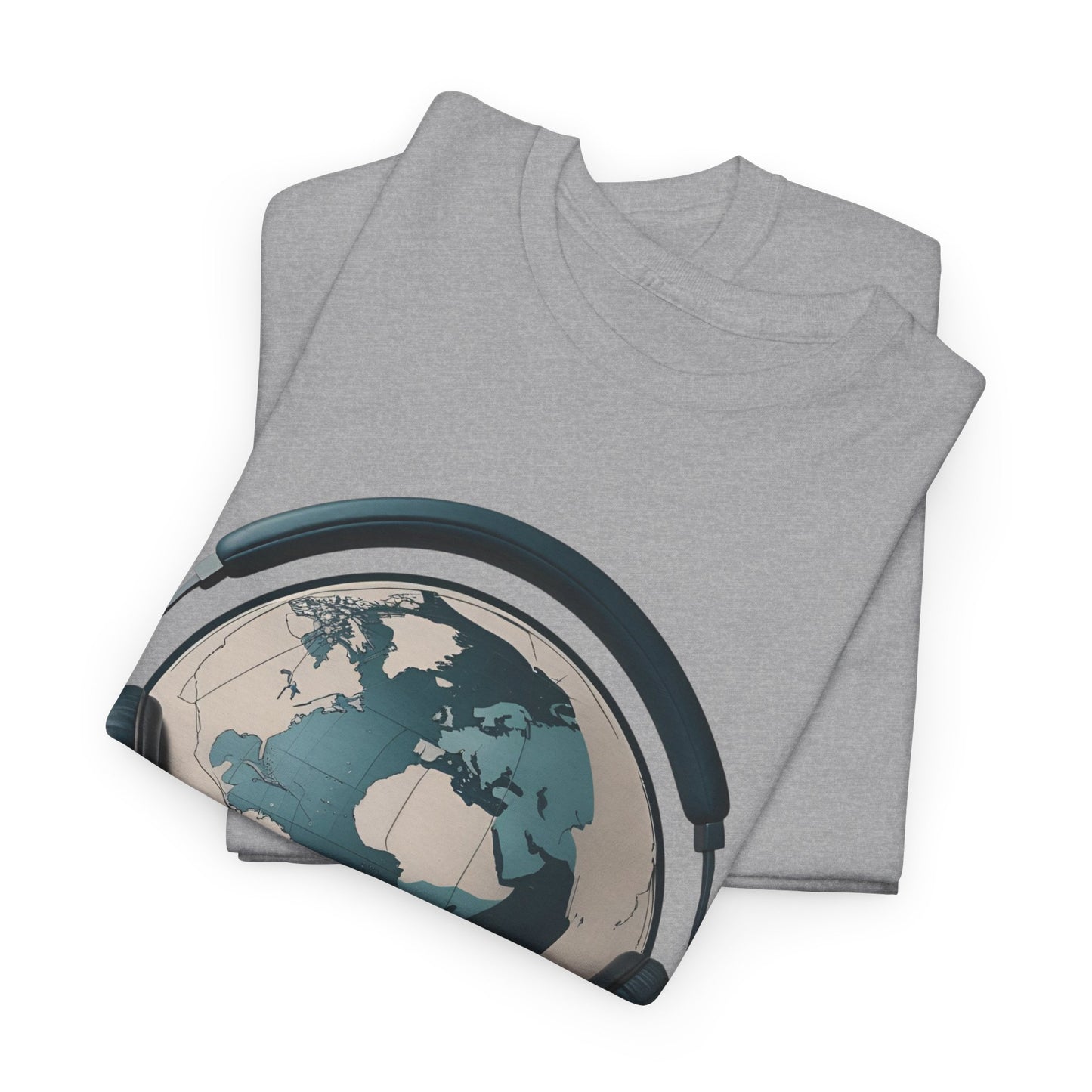 World Music T-Shirt – Vintage Globe & Headphones – Sports Grey