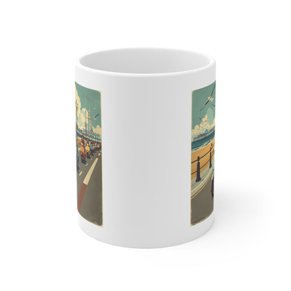 Retro Beach Scooter Mug, Vintage Beach Scene Coffee Cup, Coastal Living Gift, Seaside Vibes, Perfect for Summer Celebrations