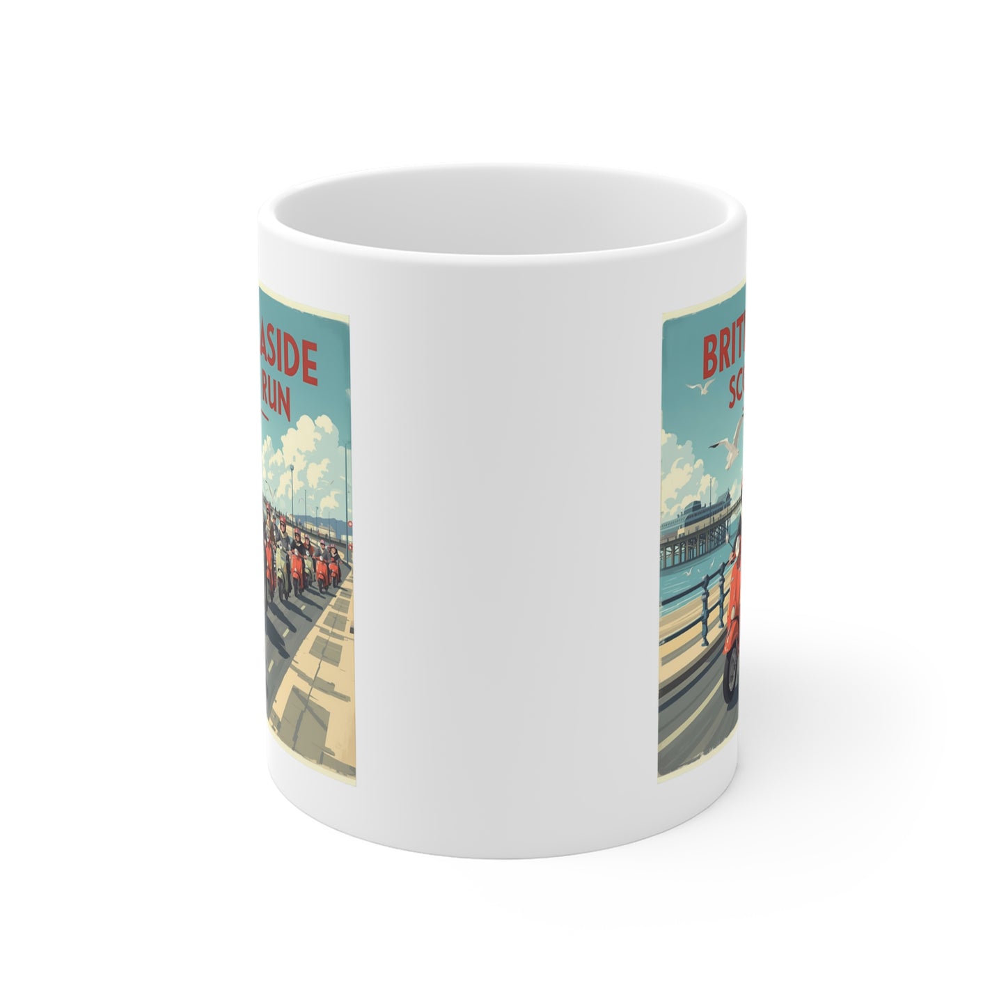 British Seaside Scooter Run Mug - Retro Coffee Cup, Gift for Scooter Lovers, Summer Vibe Beverage Holder, Vintage Style Drinkware