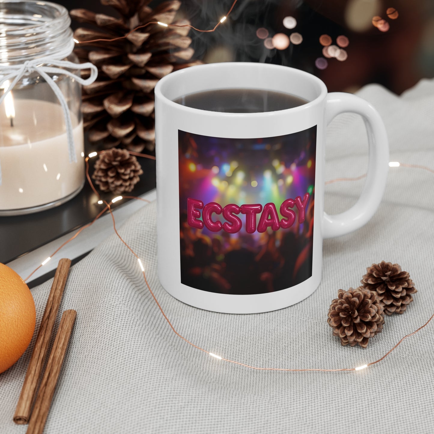 Ecstasy Party Mug | Fun Coffee Cup for Music Lovers, Festival Gift, Colorful Drinkware, Unique Student Present, Party Favor
