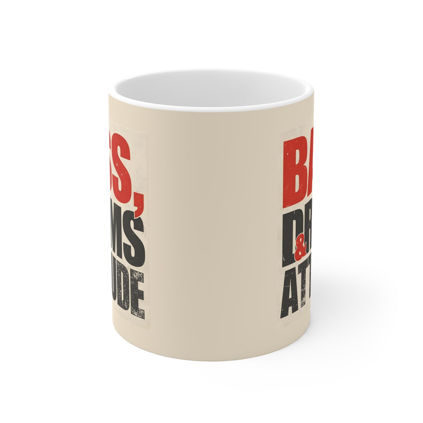 Music Lover's Mug - Bass, Drums & Attitude, Gift for Musicians, Coffee Cup, Band Merchandise, Drumming Gift, Musician Appreciation