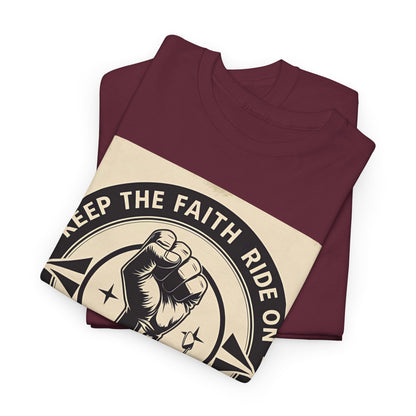 Vintage-Inspired Unisex Heavy Cotton Tee | "Keep the Faith, Ride On" Graphic, Casual Wear, Gifts for Riders, Retro Tee, Motorcycle Apparel
