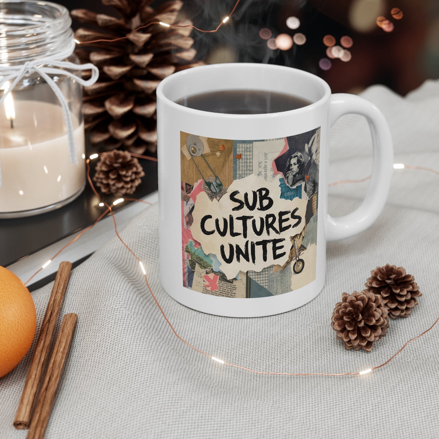 Subcultures Unite Mug, 11oz White Coffee Cup, Unique Gift for Creatives, Artistic Drinkware, Hipster Decor, Friends Gathering