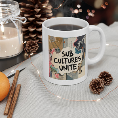 Subcultures Unite Mug, 11oz White Coffee Cup, Unique Gift for Creatives, Artistic Drinkware, Hipster Decor, Friends Gathering