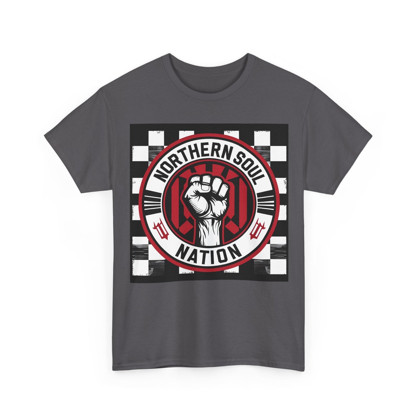 Northern Soul Nation T-Shirt – Mod Checkered & Fist Design – Charcoal