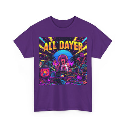 All Dayer Neon DJ Rave T-Shirt – Retro Party Graphic Tee (Gildan 5000)