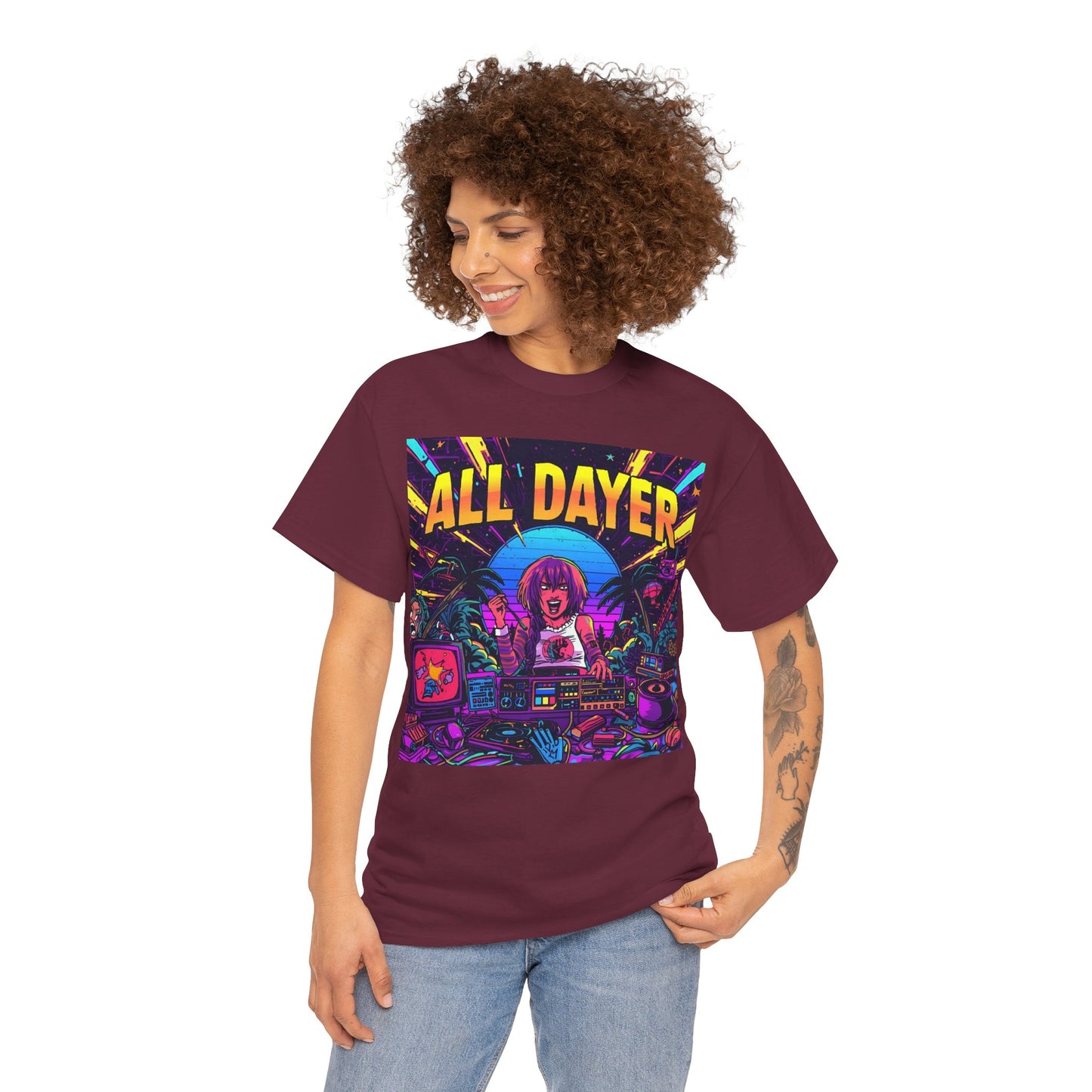 All Dayer Neon DJ Rave T-Shirt – Retro Party Graphic Tee (Gildan 5000)