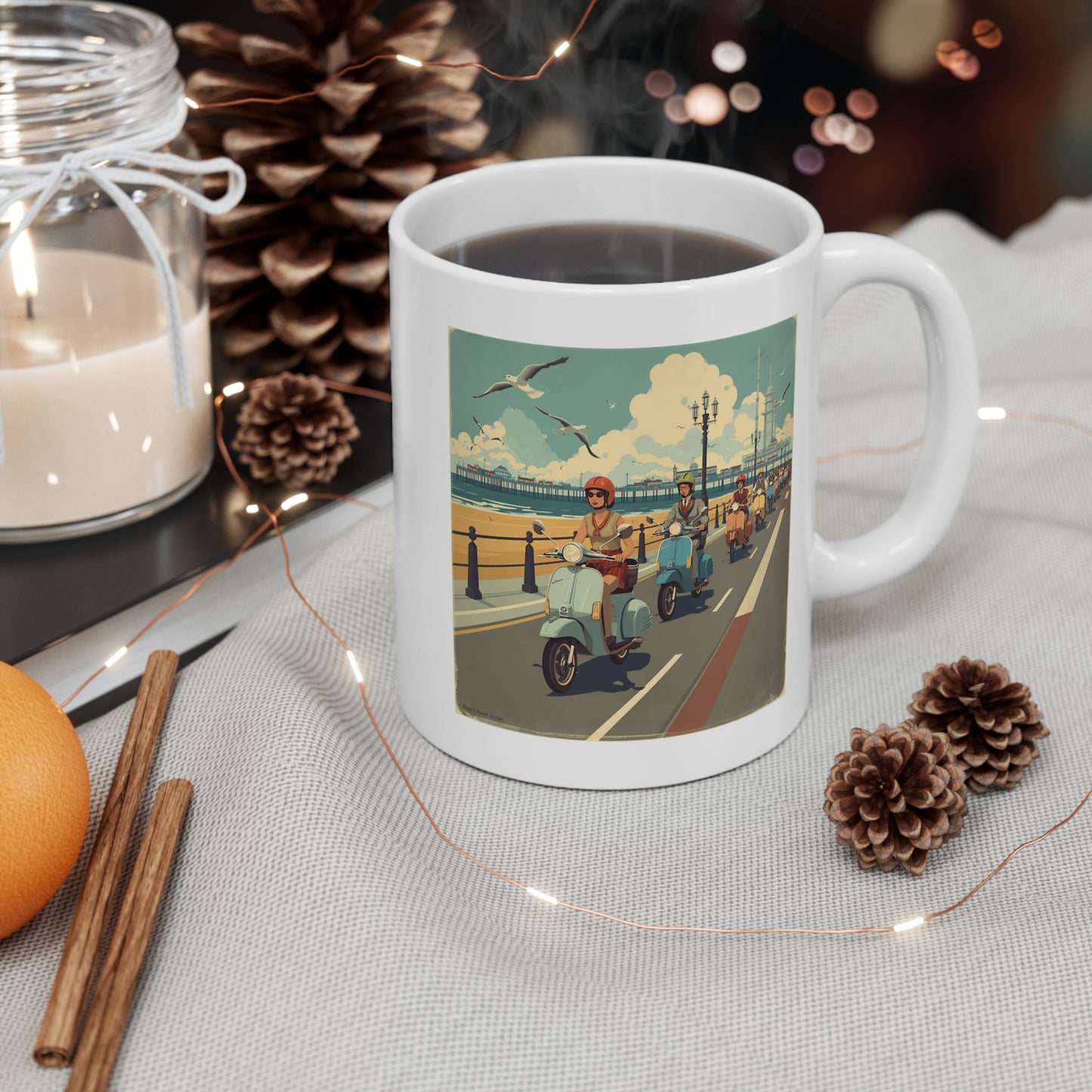 Retro Beach Scooter Mug, Vintage Beach Scene Coffee Cup, Coastal Living Gift, Seaside Vibes, Perfect for Summer Celebrations