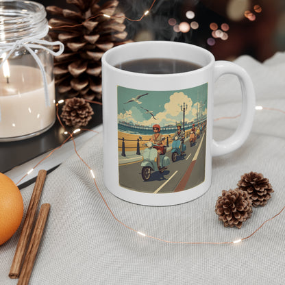 Retro Beach Scooter Mug, Vintage Beach Scene Coffee Cup, Coastal Living Gift, Seaside Vibes, Perfect for Summer Celebrations